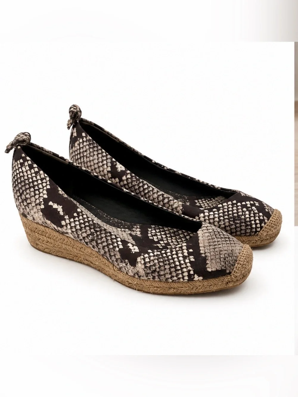 Tory Burch Snake Print Espadrille Wedges Flats Brown Cream Size 8.5 Slip